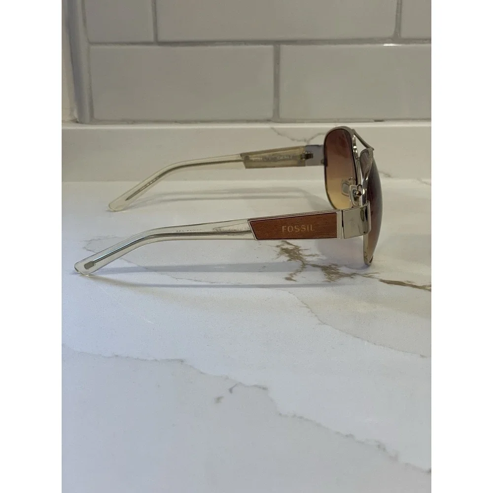 Fossil Rena Aviator Sunglasses Wood Clear Frame Brown‎ Ombre Lens 60-13-126 Y2k